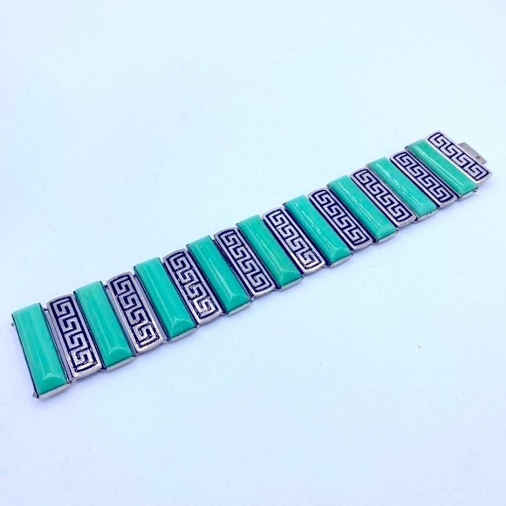 Vintage Art Deco Geometric Shape Silver And Green Glass Stones Linked Bracelet - Picture 2 of 7